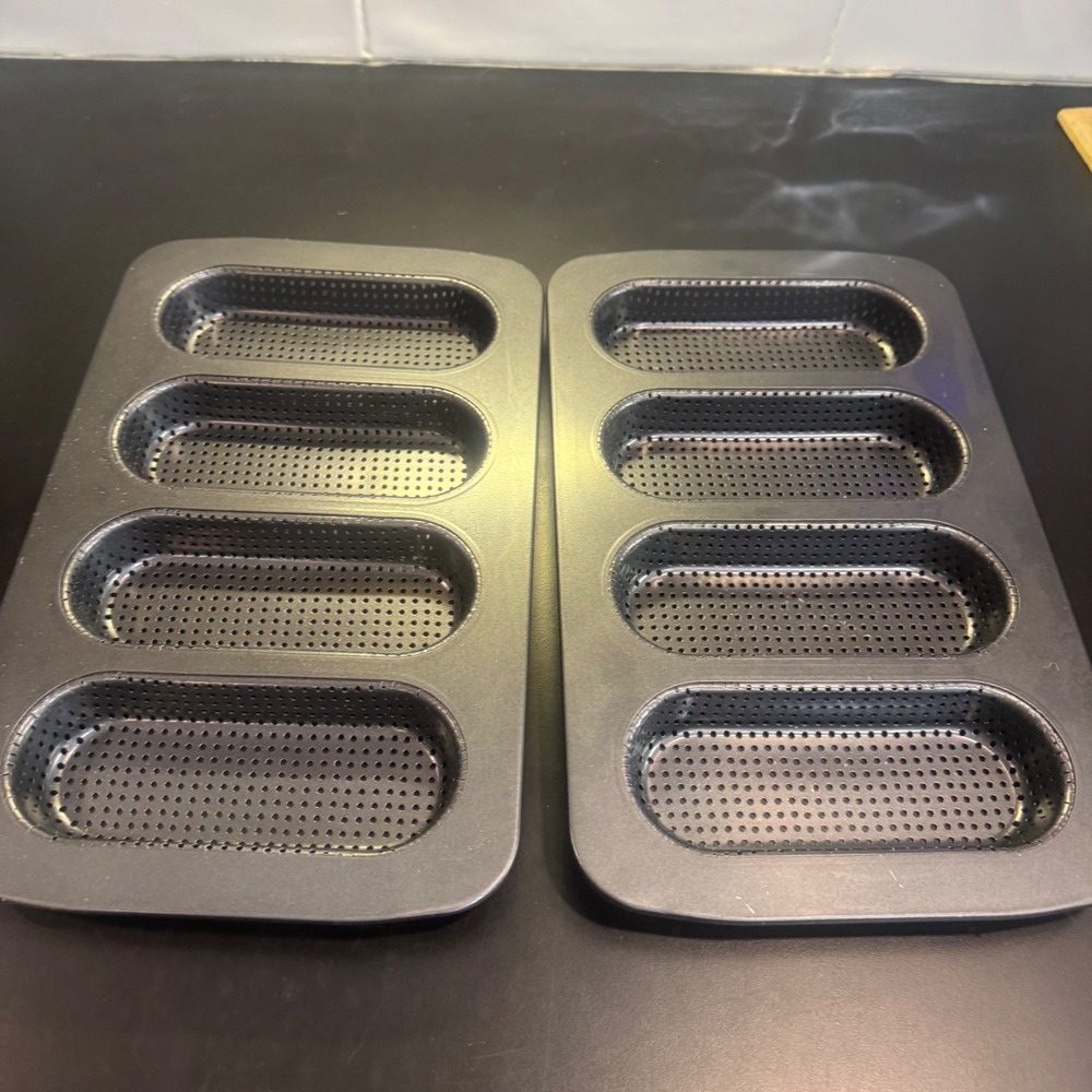 Mini Baguette Pan Set of 2 Dark Gray Perforated Non Stick Sub Roll Bread Molds